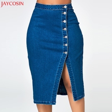 JAYCOSIN-falda de tela vaquera para mujer, Falda de tubo de tela vaquera de algodón a la moda, de cintura alta, color azul, hasta la rodilla, talla grande, z408 2024 - compra barato