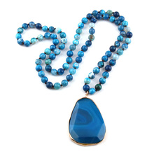 Nova moda boêmia joia pedra natural com nó, pedra de rosto azul com pingente de gota, colar feminino com frete grátis 2024 - compre barato