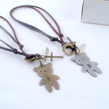 Free shipping Vintage Genuine Leather Men Necklace Male Bear Pendant Jewelry Chain For Men Collar Long Leather Cord Necklace 2024 - buy cheap