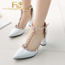 Branco studs sapatos t cinta bloco calcanhar bombas de couro patente verão atraente generoso incomparável fsj nobre moda elegante 2024 - compre barato