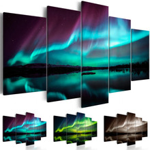 Pintura en lienzo para decoración para sala de estar, 5 piezas, impresiones modulares de Aurora Lake, arte de pared para el hogar, cartel de paisaje nocturno Borealis 2024 - compra barato