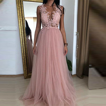 Vestido de fiesta largo rosa sin mangas con apliques, cuello de pico, ilusión, Vestidos de fiesta de noche de tul, 2021 2024 - compra barato