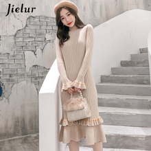 Jielur 2020 New Knitted Dress Winter Leisure Korean Khaki Beige Women's Dresses Flare Sleeve Simple Fashion Chic 2024 - buy cheap