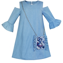 Sunny Fashion Vestido Menina Meninas Ombro frio Vestido Jeans Azul Vaqueiro 3/4 Manga 2024 - compre barato