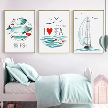 Постер в скандинавском стиле с милыми мультяшными животными, Минималистичная картина Лодка на стену с изображением рыбы, Картина на холсте для детской комнаты, спальни, домашний декор 2024 - купить недорого
