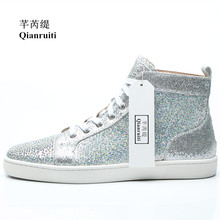 Men Casual Shoes High Top Sneakers Shiny Crystal Sneaker Lace-up Silver Glitter Flat Rhineston Walking Male Shoes 2024 - buy cheap