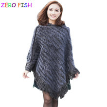 ZERO FISH*Genuine knitted rabbit fur poncho hooded with tassel handmade Europe sweater shawl Wholesale retail 2024 - buy cheap