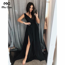 In Stock 2020 Black Evening Dresses Long with Pockets V-Neck Pleat Robe de soiree Side Split Chiffon Evening Party Dresses 2024 - buy cheap