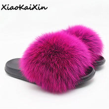 High quality Pure Fox Fur Slippers for Women Summer Dream Pink Sweet Girl House Shoes Soft Fluffy Ladies Casual Outside Sandals 2024 - buy cheap