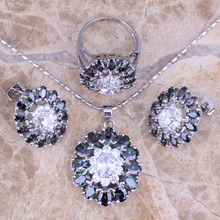 Brillante arcoíris místico blanco CZ plateado conjuntos de joyas pendientes colgante anillo tamaño 6 / 7 / 8 / 9 / 10 S0430 2024 - compra barato