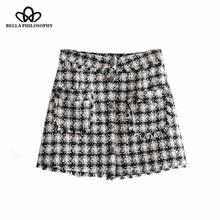 Bella 2020 new Vintage Stylish Pockets Buttons Plaid Tweed Mini Skirt A Line Side Zipper Ladies Skirts Casual Faldas Mujer 2024 - buy cheap