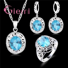 925 Sterling Silver Glamorous Blue Round Crystal Stone Earring Necklace Holiday Gift Ceremony Jewelry Set Cubic Zirconia 2024 - buy cheap
