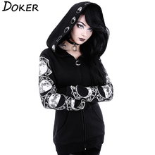 5XL Gothic Punk Women Print Long Sleeve Hoodies Sweatshirts Casual Zipper Jacket Hooded Tops Female Autumn Winter Black Hoodies. 2024 - buy cheap