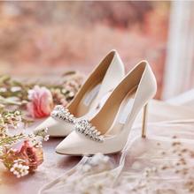 Zapatos de tacón alto y fino para mujer, calzado de boda, con punta puntiaguda, de cristal, color blanco 2024 - compra barato
