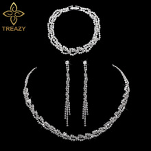 Treazy-novo conjunto de joias de noiva com strass, conjunto feminino com colar, brincos longos e pulseira, joias para casamento 2024 - compre barato