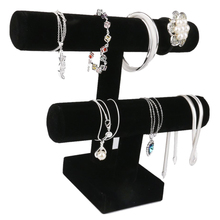 Soporte de exhibición de 2 niveles para joyería, accesorio de terciopelo negro para brazalete, pulsera, reloj, exhibición 2024 - compra barato