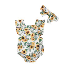 0-24M Infant Baby Girls Summer Bodysuits Cotton Floral Print Ruffles Sleeve Yellow Jumpsuit Headband Outfits 2024 - buy cheap