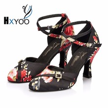 Женские туфли для латиноамериканских танцев HXYOO, танцевальные туфли для сальсы, женские черные атласные туфли с цветочным принтом на мягкой подошве под заказ, JYG432 2024 - купить недорого