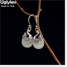Uglyless 100% Real 925 Sterling Silver Handmade Peacock Earrings Natural Jade Swan Fine Jewelry for Women Thai Silver Brincos 2024 - buy cheap