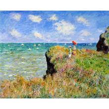 Camiseta de Claude Monet sobre lienzo, Clifftop, Walk at Pourville, pintada a mano, Arte de la pared Decoración de alta calidad 2024 - compra barato