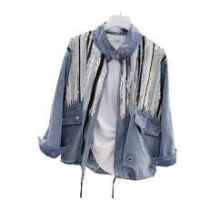 Primavera y otoño Frazzle denim agujero de las mujeres chaqueta bordado lentejuelas retro cordón manga larga salvaje chaqueta TB190527 2024 - compra barato