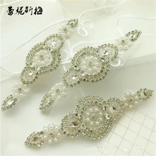 2Pc Ivory Charming Crystal Rhinestone Applique Trim Iron On Bridal Costume Pearl Wedding dress waist decoration with Glue RT0081 2024 - buy cheap