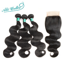 Ali Grace Hair-extensiones de cabello humano Remy, 3 mechones de pelo ondulado brasileño con cierre, 4x4 libre y parte media, 4 unidades/lote 2024 - compra barato