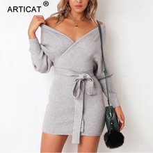 Женское вязаное платье-свитер Articat, облегающее мини-платье с глубоким V-образным вырезом и длинным рукавом, на осень/зиму 2024 - купить недорого
