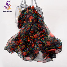 [BYSIFA] Ladies Red Black Silk Scarf Shawl 2018 New Floral Design Spring Fall Long Scarves 170*105cm Elegant Thin Neck Scarves 2024 - buy cheap