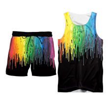 Custom S-6XL Summer 2 Piece Set Black Rainbow paint Short Sleeve Print Tank Tops+Shorts Mens Sets Gym Sleeveless Hoodie Tee Set 2024 - buy cheap