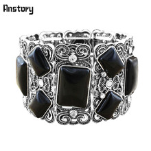 Flower Oblong Black Synthetic Turquoises Crystal Elastic Bracelet Bangle Vintage Look Antique Silver Plated Fashion Jewelry TB90 2024 - buy cheap