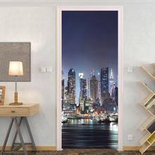 City Night View 3D Photo Wallpaper Door Sticker DIY Self-adhesive Removable Home Decor Wall Decals Door Stickers Wall Mural Art 2024 - buy cheap