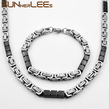 SUNNERLEES-collar de acero inoxidable para hombre y mujer, conjunto de pulsera de 7mm, Color negro y plateado, cadena de eslabones bizantinos geométricos SC90 S 2024 - compra barato