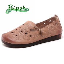 PEIPAH Handmade Genuine Leather Women's Shoes 2019 New Literary Retro Comfort Versatile Zapatillas Mujer Wild Hollow Sandals 2024 - buy cheap