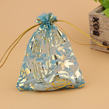 200pcs/lot Lake Blue Organza Jewelry Gift Bags 9x12cm Gold Rose Print Drawstring Bags Wedding Candy Bags& Pouch Free Shipping 2024 - buy cheap