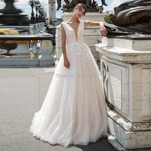 2021 Elegant Tulle A Line Wedding Dresses Lace Appliques Beading Sleeveless Deep V Neck Vestido De Noiva Lace Up Bridal Gowns 2024 - buy cheap