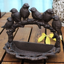 Rustic Birds Branch Cast Iron Bird Feeder Antique Retro Small Size Six Birds On Tree Branch Nest Shape Wall Mounted Storage Tray 2024 - buy cheap