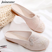 Women Summer Slippers Ladies Round Toe Embroider Flat Sandals Slipper Casual Loafers Walking Beach Shoes Retro Canvas Slides 2024 - buy cheap