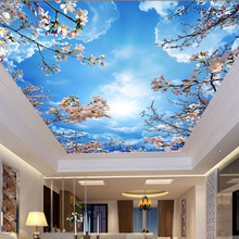 Настенные 3D-обои на заказ с изображением синего неба, белых облаков, цветущей вишни, потолка, Зенит, настенная Фреска для гостиной, столовой, самоклеящаяся Фреска 2024 - купить недорого