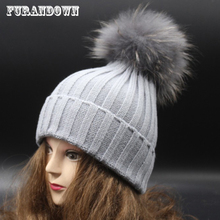 2019 Winter Knitted Beanie Fur Pompom Hats For Women Real Raccoon Dyed Color Fur Cap Crochet Hat 2024 - buy cheap