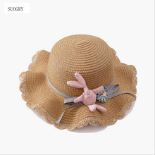 Летние женские уличные волнистые шляпы с кроликом, Корейская версия летних солнцезащитных соломенных шляп с большим козырьком для морского пляжа, женские шляпы 2024 - купить недорого