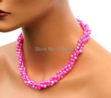 Wholesale Pearl Jewelry - 3 Rows Hot Pink Natural Freshwater Pearl Necklace Earrings- Handmade Jewelry Set - New Free Shipping 2024 - buy cheap