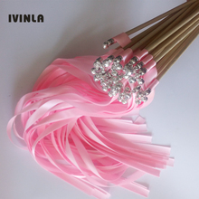 50pcs/lot light pink stain wedding ribbon  wands stick streamers With sliver Bells for wedding decoration 2024 - buy cheap