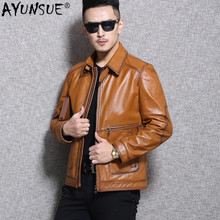 AYUSNUE-chaqueta de cuero genuino de vaca para hombre, abrigo de cuero de vaca para motocicleta, marrón, Delgado, de alta calidad, L16C3106 KJ2244 2024 - compra barato