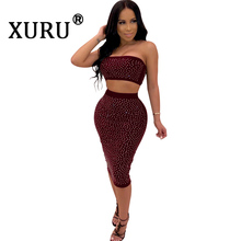 XURU new sexy women's dress two-piece wrap chest hot drilling slim bag hip night shop dress black blue wine red dress 2024 - buy cheap