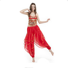 Disfraz de danza India del vientre, blusa y pantalones ondulados dorados, Ropa de baile de 12 Colores, novedad 2024 - compra barato