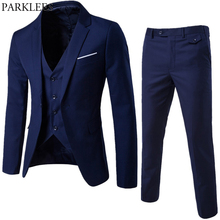 Мужской деловой костюм, облегающий темно-синий костюм из 3 предметов (куртка + брюки + жилет), на одной кнопке, с отворотом, на весну 2019 2024 - купить недорого