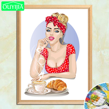 Ouyijia 5d faça você mesmo pintura de diamante "a copo de café e pão" completo quadrado bordado de diamante strass mosaico imagem de decoração 2024 - compre barato