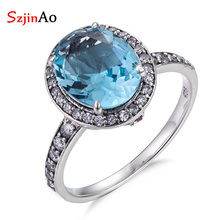 SzjinAo Wholesale Round Aquamarine Solid 925 Sterling Silver Finger Rings for Women Vintaga March Birthstone Wedding Ring 2024 - buy cheap