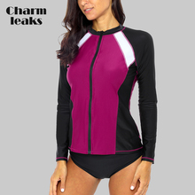 Charmleaks Women' Long Sleeve Zipper Rashguard Shirt Swimsuit Patchwork Swimwear Surfing Top Hiking Shirt Rash Guard UPF50+ 2024 - buy cheap